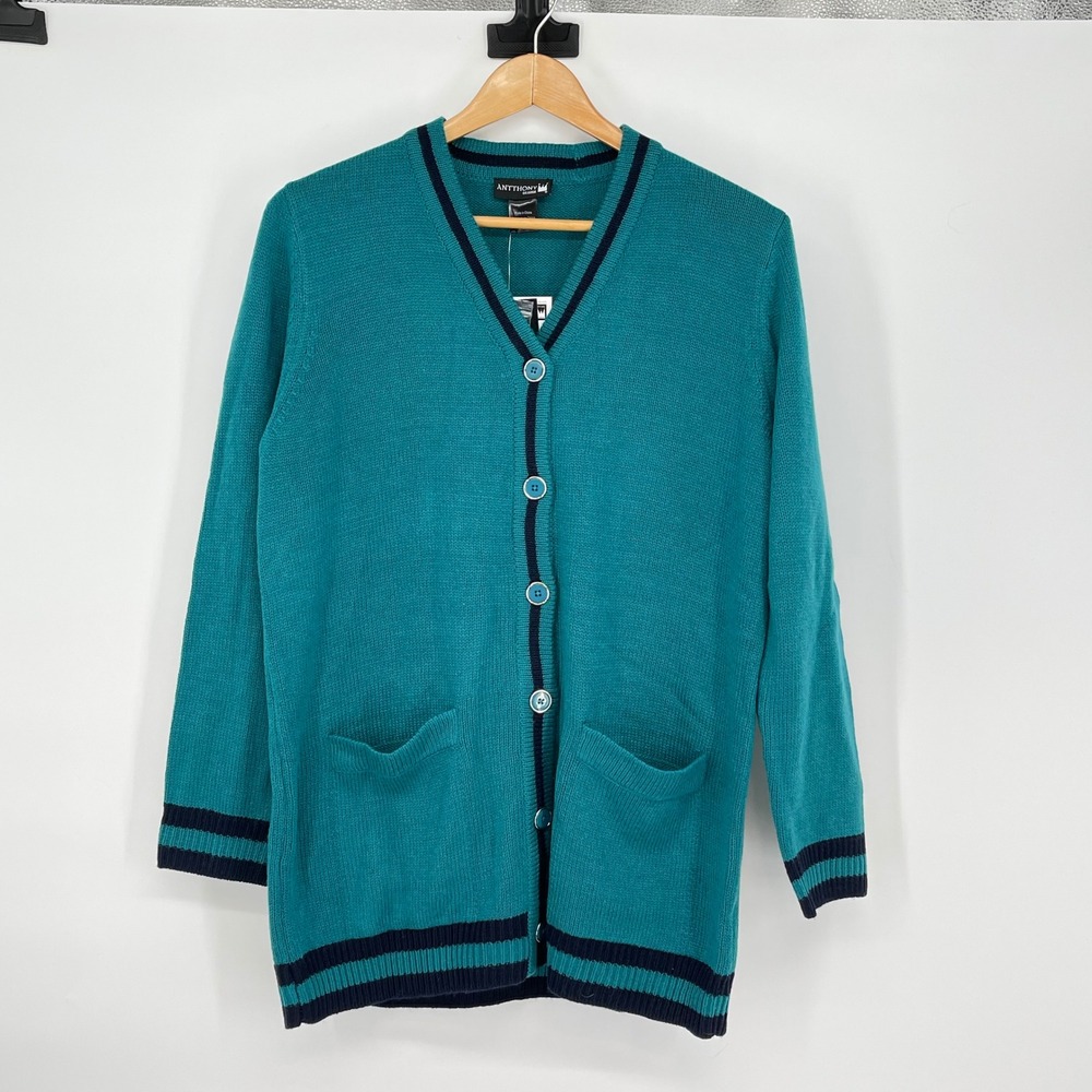 Anthony Original Women's Cardigan Sweater Teal Blue Striped Knit Small S‎